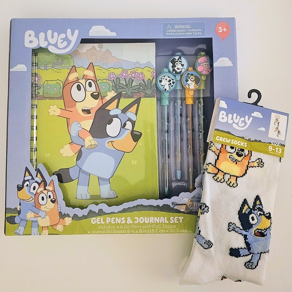 Bluey Gel Pens & Journal Set with Socks - Blue, Orange, White